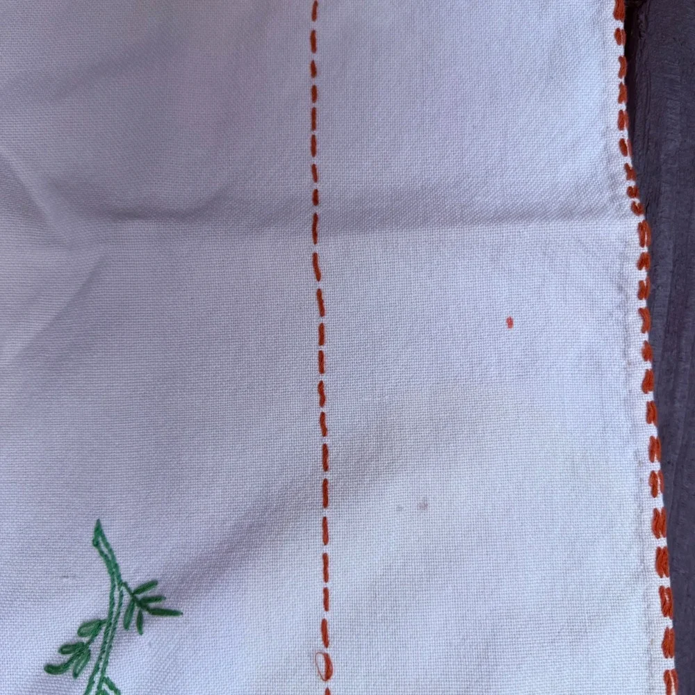 2.7.5 Vtg Hand Embroidered Table Runner 39x15.5 French Knot Floral Orange Green